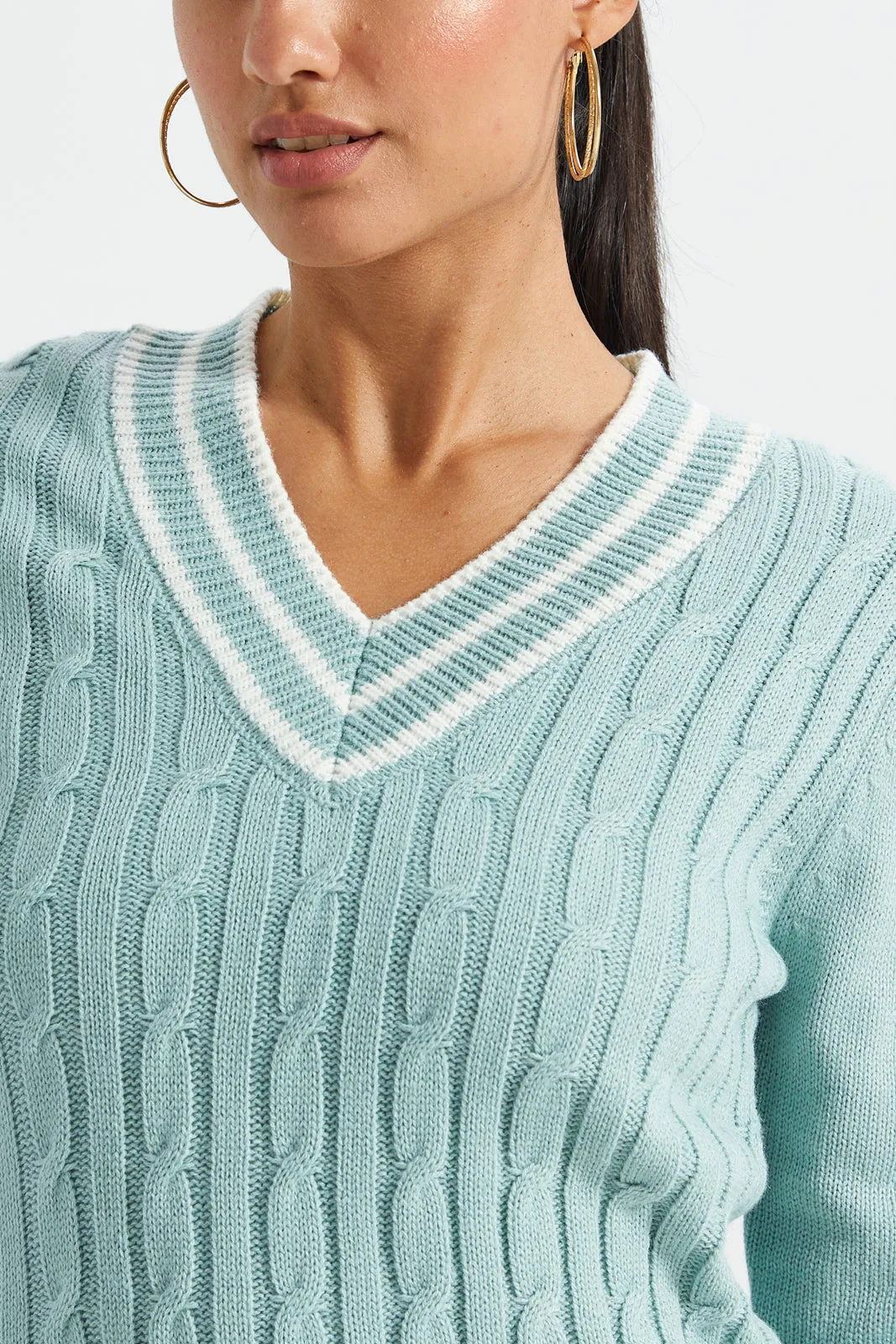 Women Mint And White Stripe Cable Knit Sweater