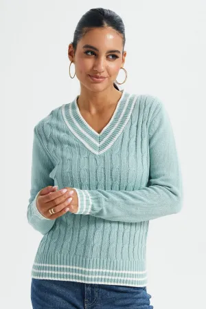 Women Mint And White Stripe Cable Knit Sweater