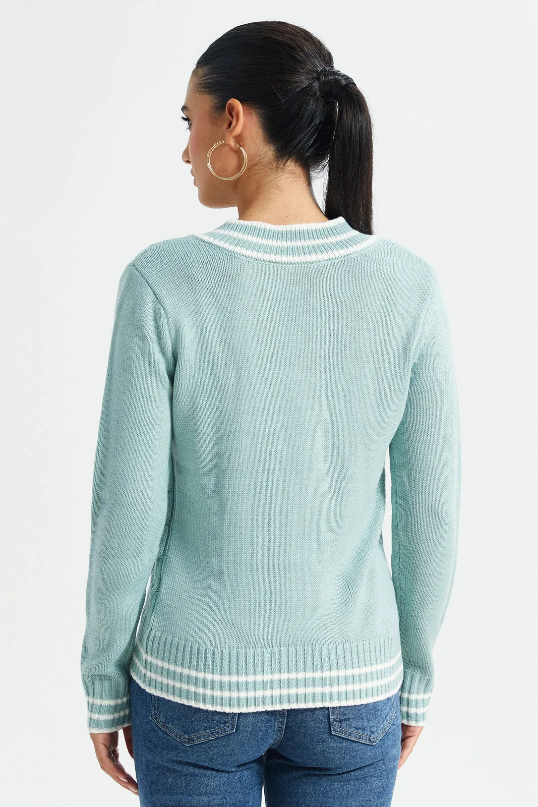 Women Mint And White Stripe Cable Knit Sweater