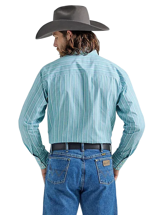 Wrangler Men's Troubadour Long Sleeve Snap Print Teal Blue Shirt