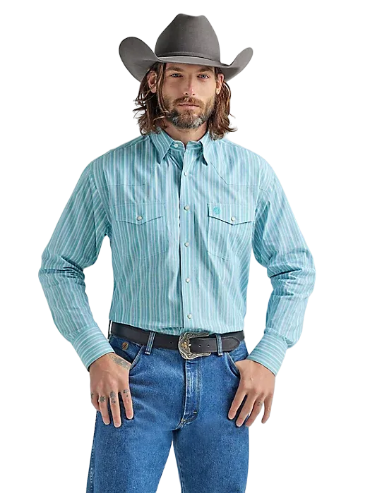 Wrangler Men's Troubadour Long Sleeve Snap Print Teal Blue Shirt