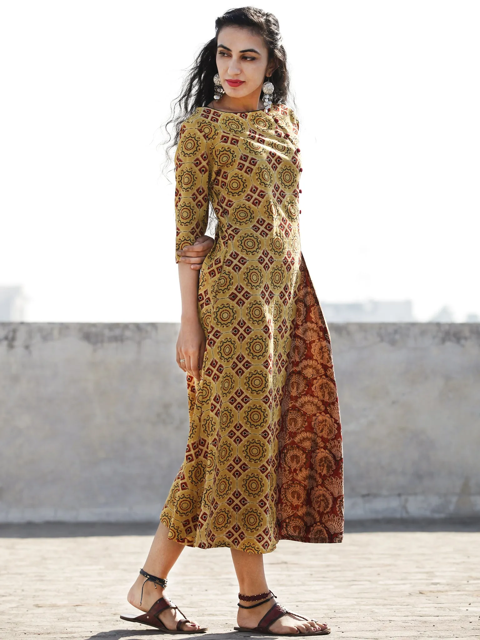 Yellow Maroon Black Hand Block Ajrakh Printed Long Cotton Dress With Side Pleat- D187F865