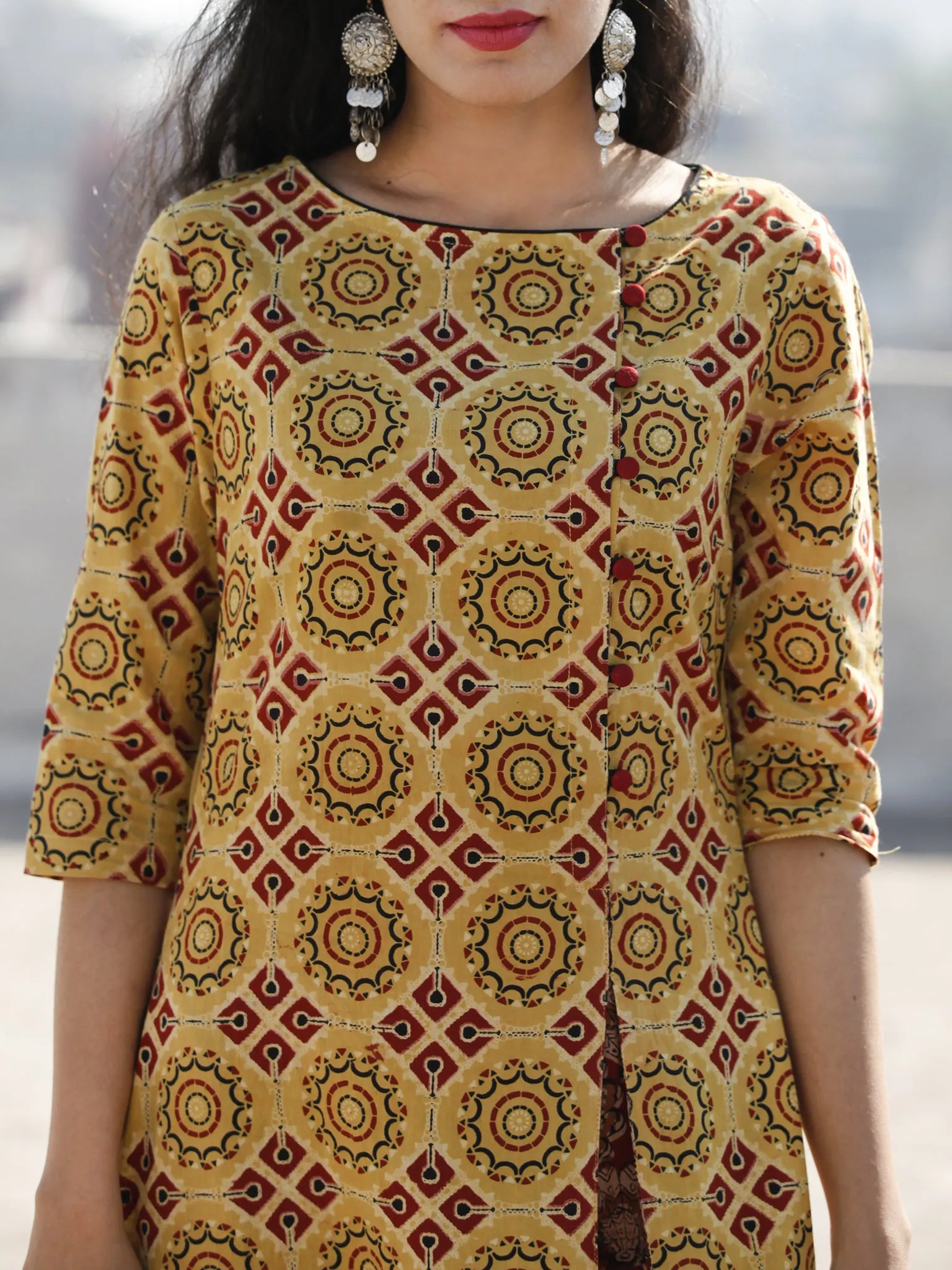 Yellow Maroon Black Hand Block Ajrakh Printed Long Cotton Dress With Side Pleat- D187F865