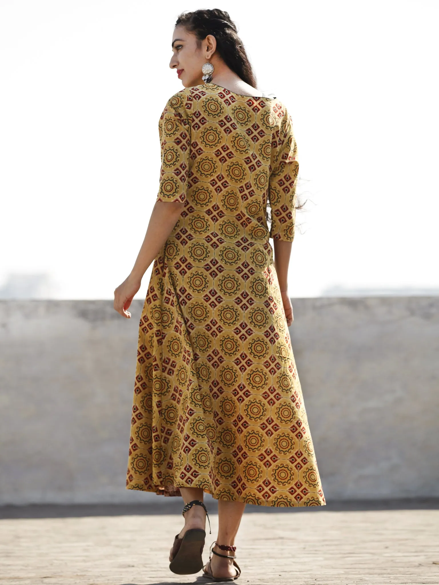 Yellow Maroon Black Hand Block Ajrakh Printed Long Cotton Dress With Side Pleat- D187F865