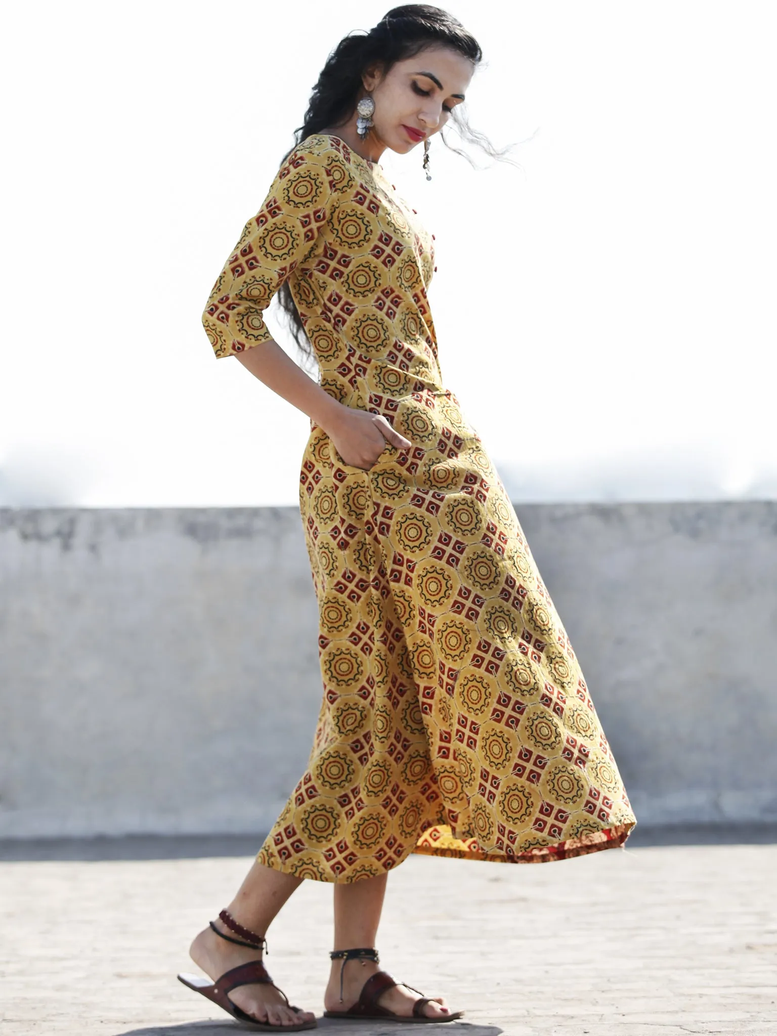 Yellow Maroon Black Hand Block Ajrakh Printed Long Cotton Dress With Side Pleat- D187F865